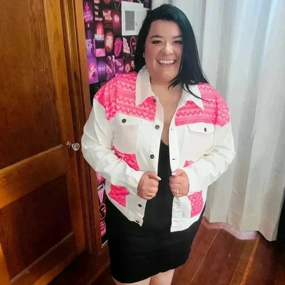 White Denim Jacket with Pink Detail - Picture 3 of 3